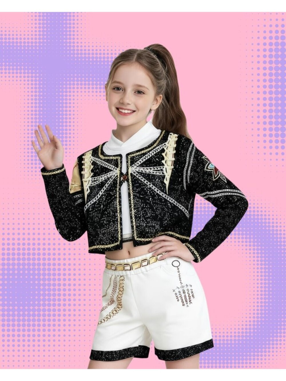 KPOP Singer Cosplay Girls Costume Black Printed Jacket, Shirt, Shorts 7-8 YEARS